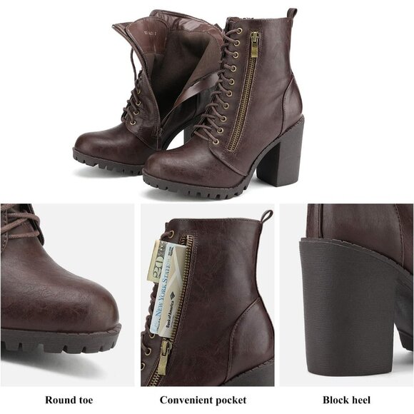 Women's Faux Leather Brown Combat Ankle Chunky Heel Lace up Heeled Booties - Picture 4 of 6